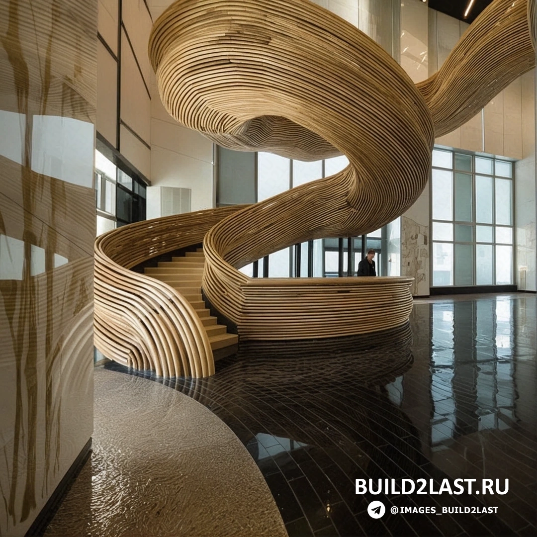 Лестница в офисном здании Amot Atrium, Израиль, выполненная в авангардном стиле с использованием керамической плитки и реек.